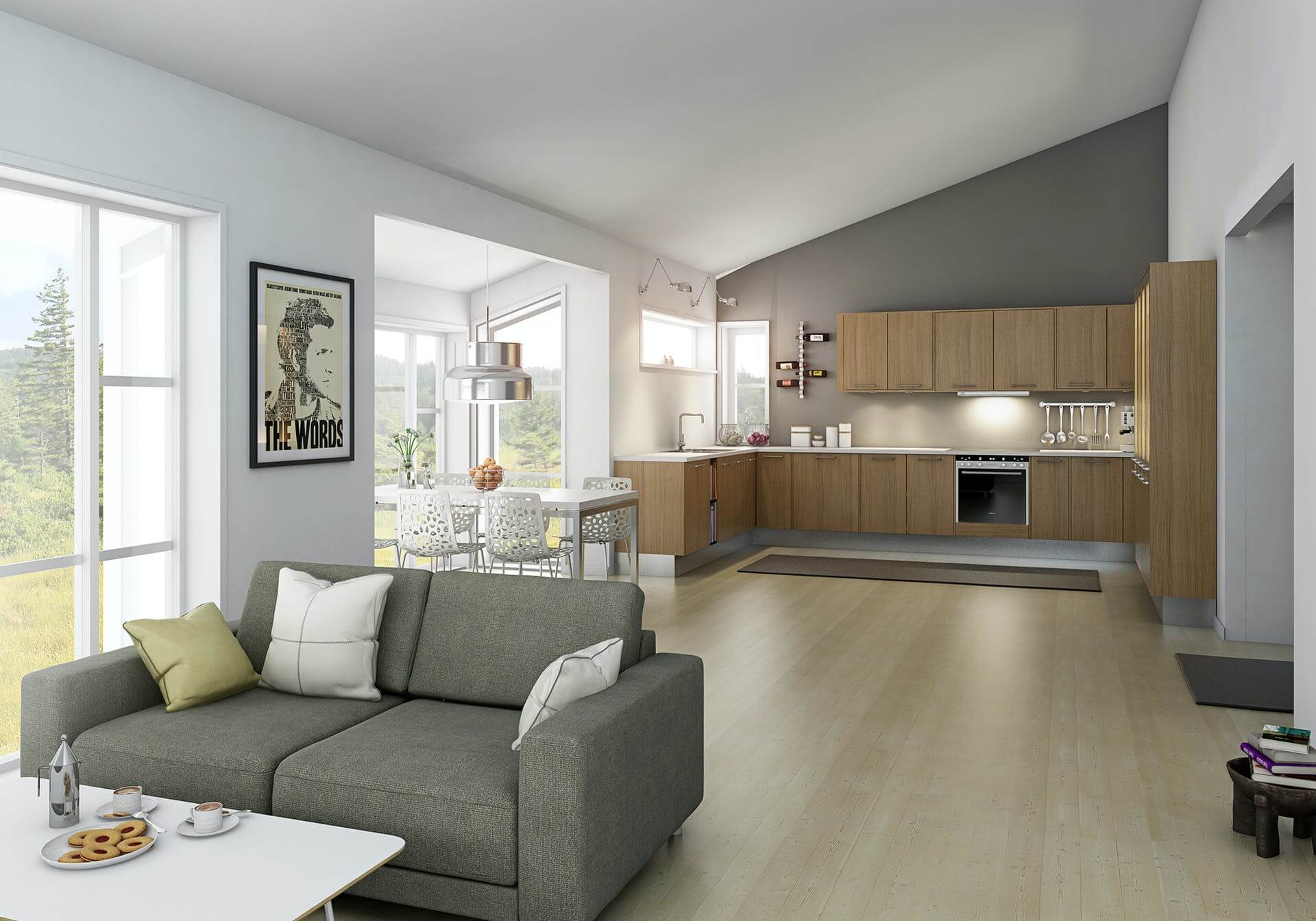 Illustrasjon av stue og kjøkken i huset Mocca i Trend-serien