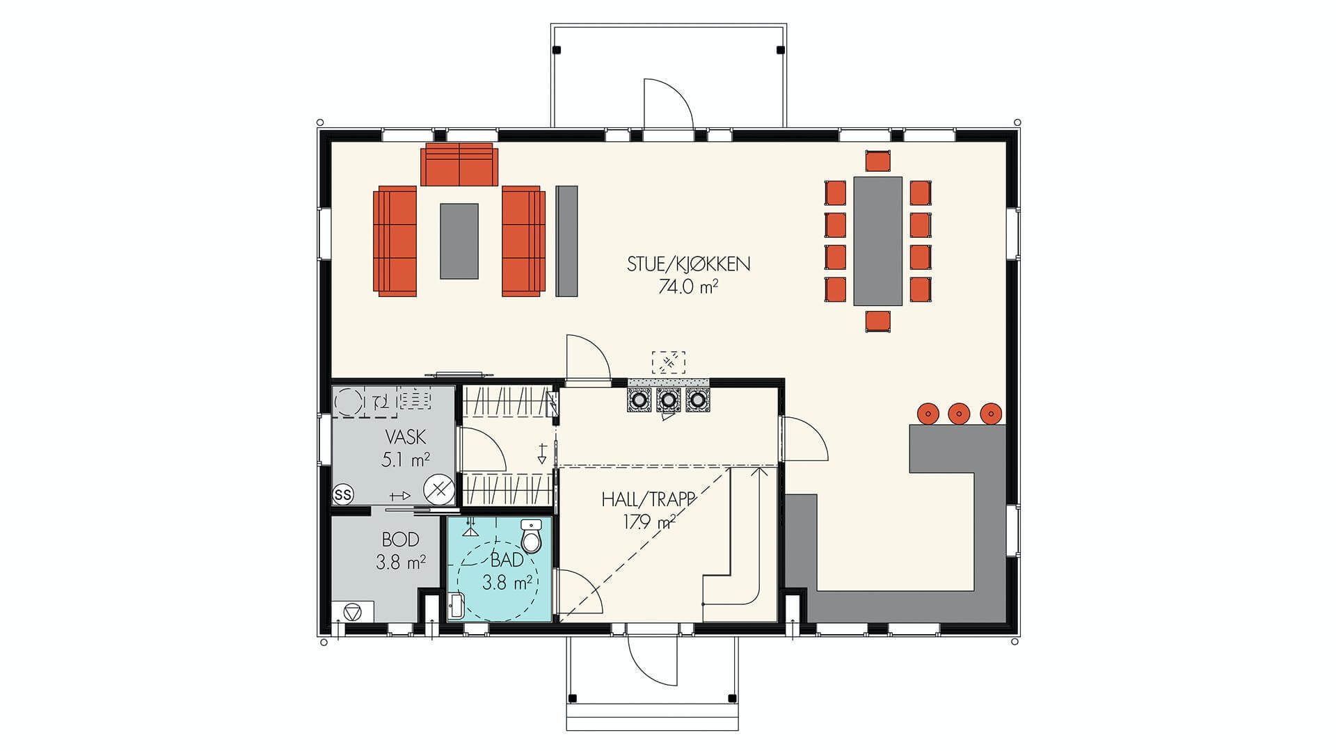 Hovedplanet inneholder bl.a stor stue med åpen løsning til kjøkken og en romslig hall med åpen løsning opp til loftsetasjen.